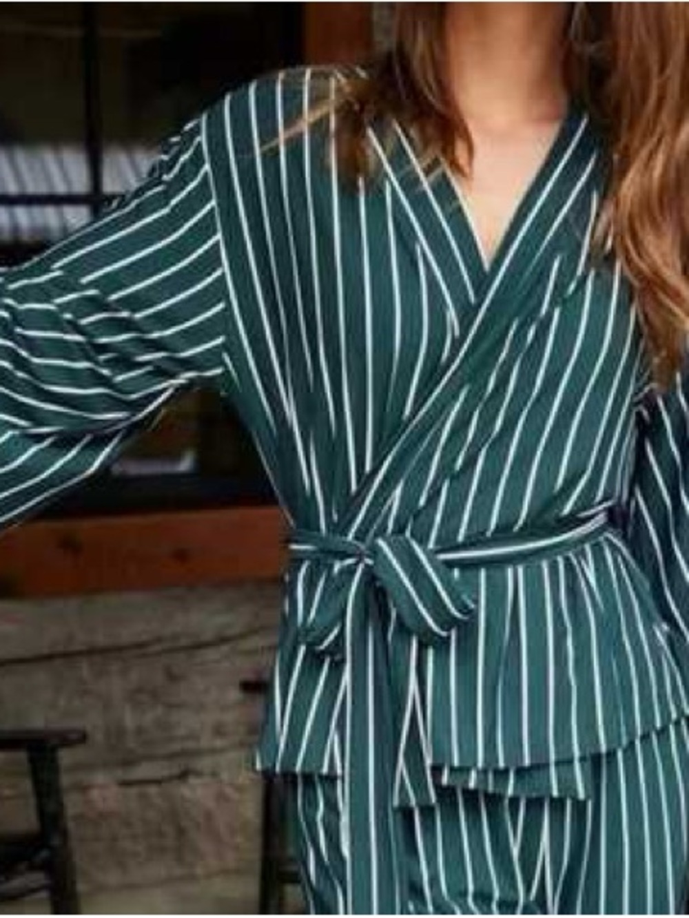 Striped Green Wrap Pajama Top with Self-Tie Belt